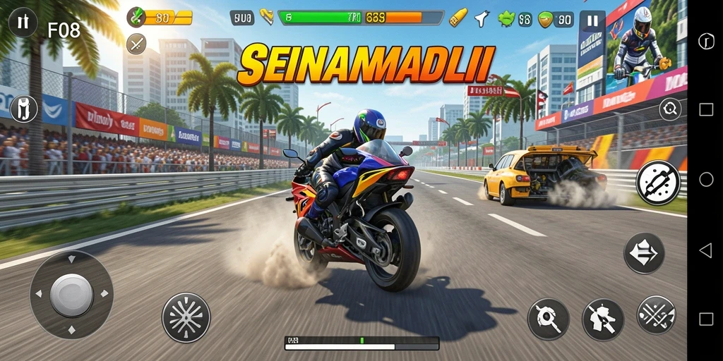 Gameplay F08 yang seru dengan balapan motor yang cepat.