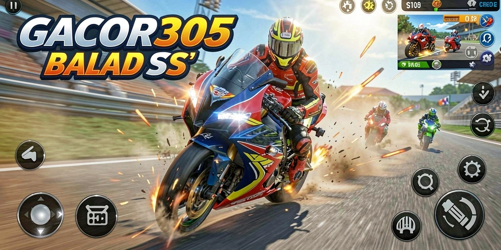 Tampilan gameplay menarik GACOR305 dengan motor balap kencang.