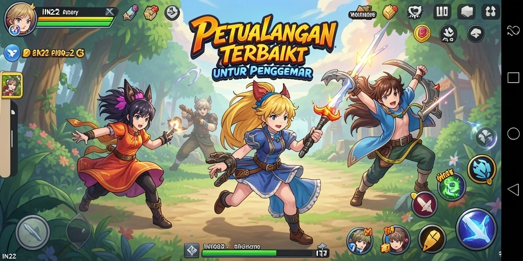 Tangkapan layar game IN22 dengan karakter anime yang dinamis.