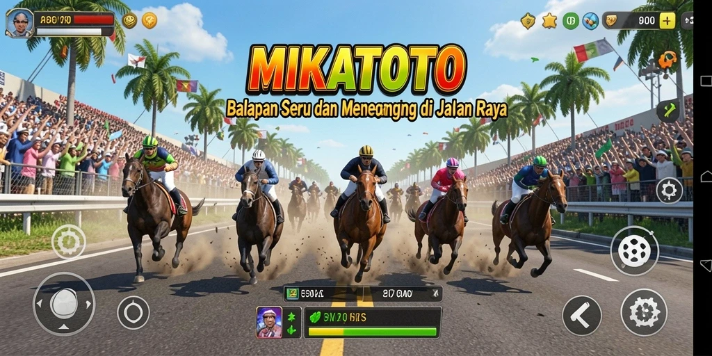 Screenshot gameplay MIKATOTO menampilkan balapan cepat di trek menantang.