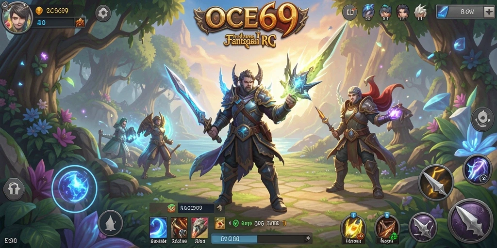 Screenshot OCE69 menampilkan karakter dalam pertarungan epik di dunia fantasi.