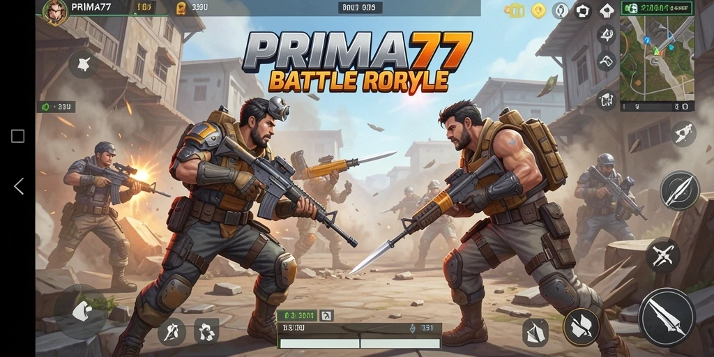 Screenshot PRIMA77 menampilkan aksi penuh pertempuran Battle Royale yang mendebarkan.