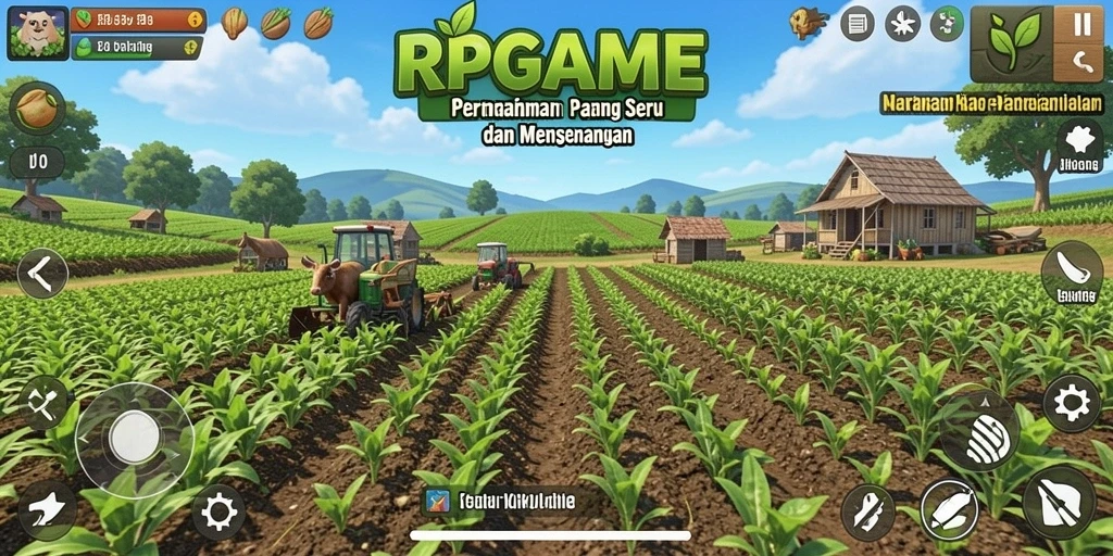 Screenshot gameplay RPGAME menampilkan ladang yang indah dan tanaman yang subur.
